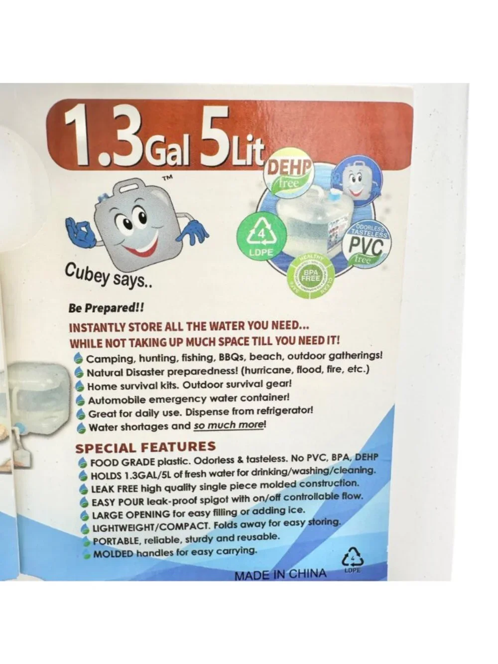 WaterStorage Cube Collapsible 1.3 Gallon 5 Liter Water Container Spigot Portable